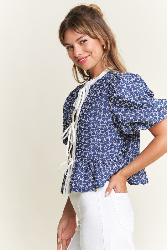 Short Sleeve Bow Tie Embroidered Denim Babydoll Top Blue