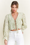 Long Sleeve Front Tie Embroidered Cropped Top Green