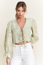 Long Sleeve Front Tie Embroidered Cropped Top Green