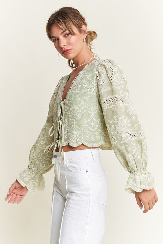 Long Sleeve Front Tie Embroidered Cropped Top Green