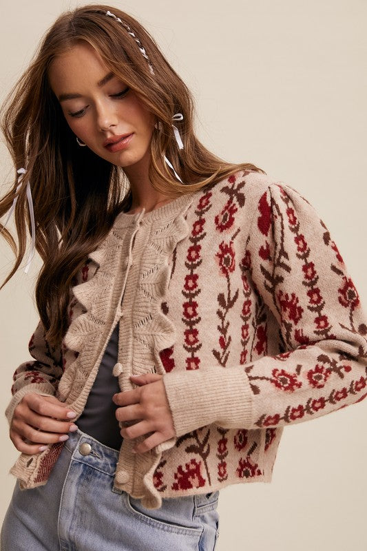 Waitlist 1/28 ♥ Gabby Long Sleeve Button Down Floral Print Knit Cardigan Taupe