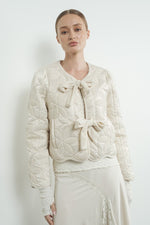 Long Sleeve Velvet Floral Patchwork Quilted Jacket Cream