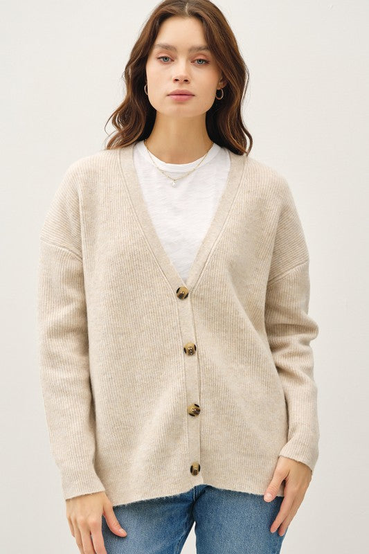 Long Sleeve Button Down Ribbed Cardigan Beige