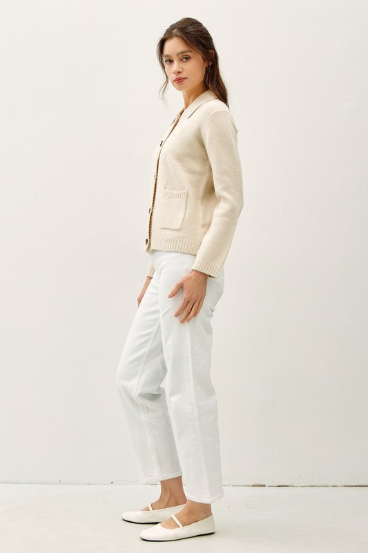  Long Sleeve Button Down Wool Cardigan Cream