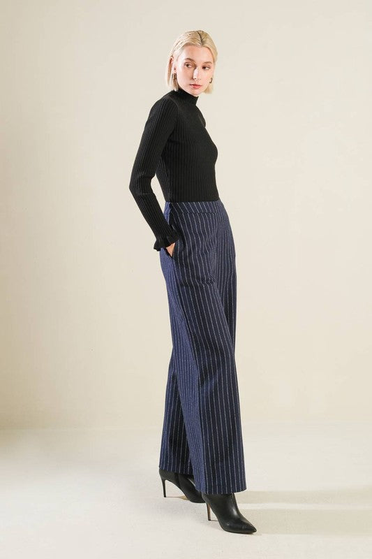 High Waist Stripe Print Wide Leg Pants Navy            