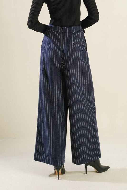 High Waist Stripe Print Wide Leg Pants Navy