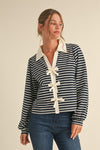 Long Sleeve Bow Tie Stripe Print Top Navy