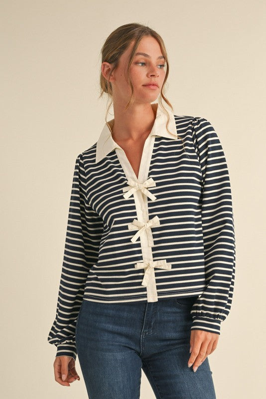 Long Sleeve Bow Tie Stripe Print Top Navy