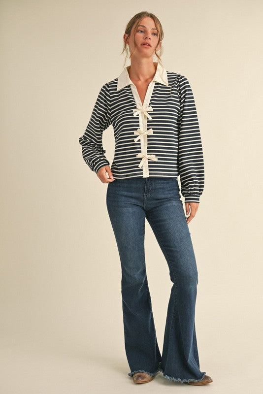 Long Sleeve Bow Tie Stripe Print Top Navy