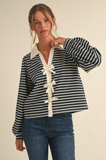 Long Sleeve Bow Tie Stripe Print Top Navy