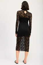 Long Sleeve Mock Neck Lace Midi Dress Black