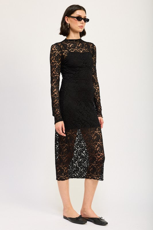 Long Sleeve Mock Neck Lace Midi Dress Black