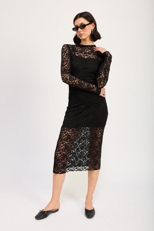 Long Sleeve Mock Neck Lace Midi Dress Black