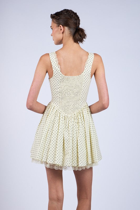 Sleeveless Polka Dot Lace Trim Mini Dress Cream