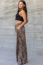  Leopard Print Wide Leg Drawstring Satin Pants Brown