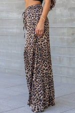  Leopard Print Wide Leg Drawstring Satin Pants Brown