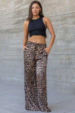  Leopard Print Wide Leg Drawstring Satin Pants Brown