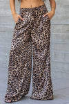  Leopard Print Wide Leg Drawstring Satin Pants Brown