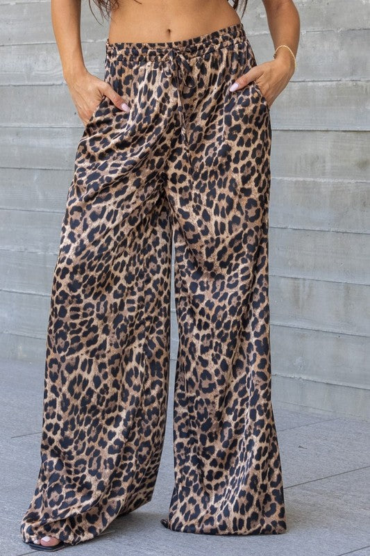  Leopard Print Wide Leg Drawstring Satin Pants Brown