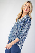 Button Down Lace Collar Abstract Print Top Blue