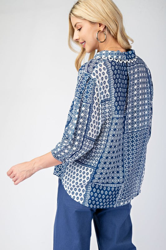 Button Down Lace Collar Abstract Print Top Blue