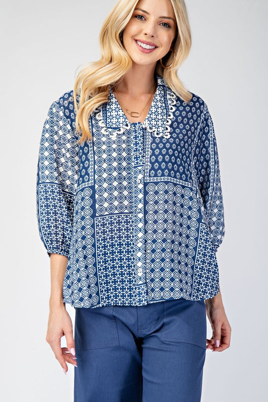 Button Down Lace Collar Abstract Print Top Blue