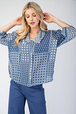 Button Down Lace Collar Abstract Print Top Blue