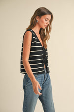  Sleeveless Bow Tie Stripe Print Vest Black