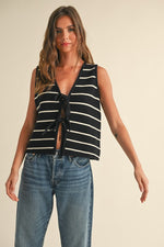  Sleeveless Bow Tie Stripe Print Vest Black