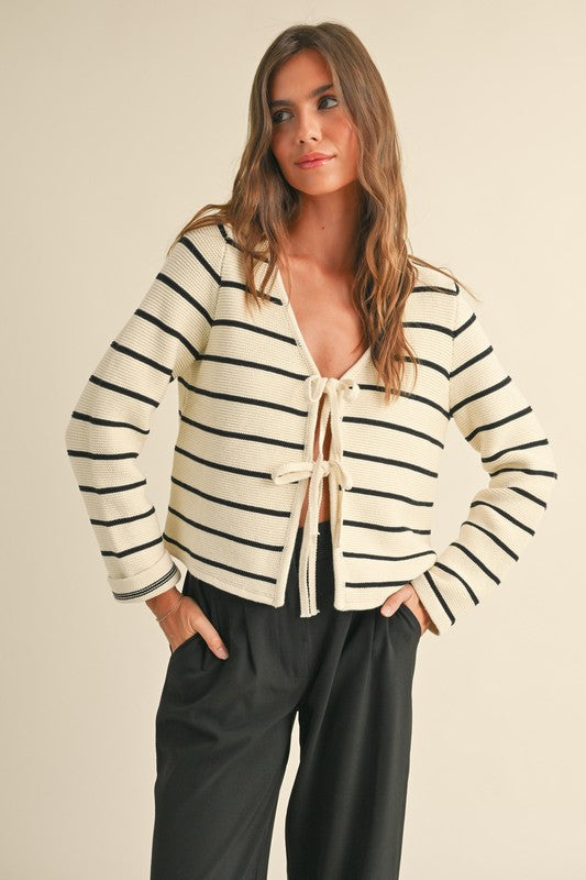 Long Sleeve Bow Tie Stripe Print Cardigan Sweater White