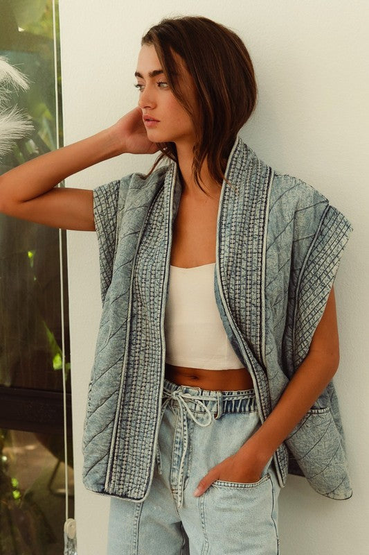 Sleeveless Oversized Open Front Quilted Denim Vest Blue