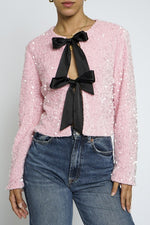  Long Sleeve Sequined Bow Tie Jacket Pink