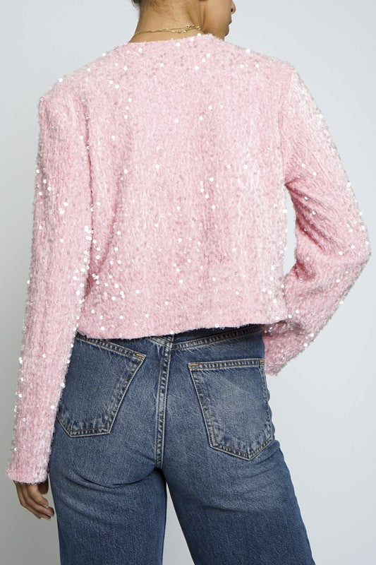  Long Sleeve Sequined Bow Tie Jacket Pink