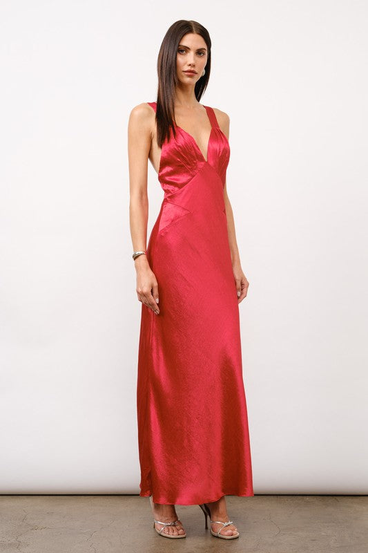 Sleeveless Cross Back Satin Maxi Dress Red