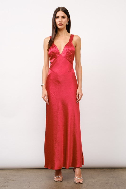 Sleeveless Cross Back Satin Maxi Dress Red