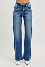  High Rise Raw Hem Wide Leg Jeans Dark Wash