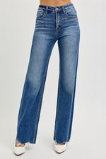  High Rise Raw Hem Wide Leg Jeans Dark Wash