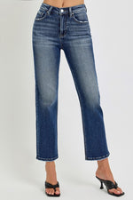 High Rise Crop Straight Leg Jeans Dark Wash