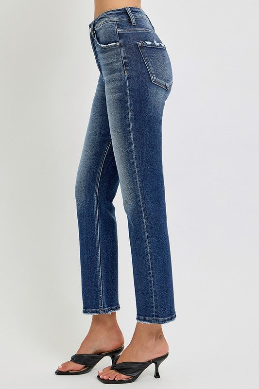 High Rise Crop Straight Leg Jeans Dark Wash