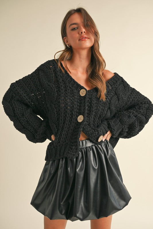  Long Sleeve Chunky Knit Cardigan Black