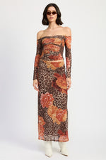 Taryn Off The Shoulder Leopard Floral Print Mesh Top And Maxi Skirt Brown