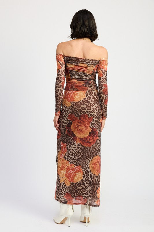 Taryn Off The Shoulder Leopard Floral Print Mesh Top And Maxi Skirt Brown