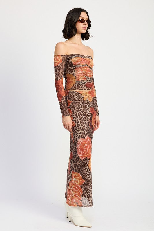 Taryn Off The Shoulder Leopard Floral Print Mesh Top And Maxi Skirt Brown