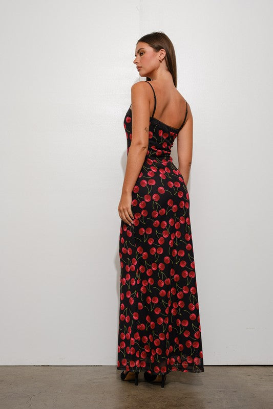 Sleeveless Cherry Print Mesh Maxi Dress Black