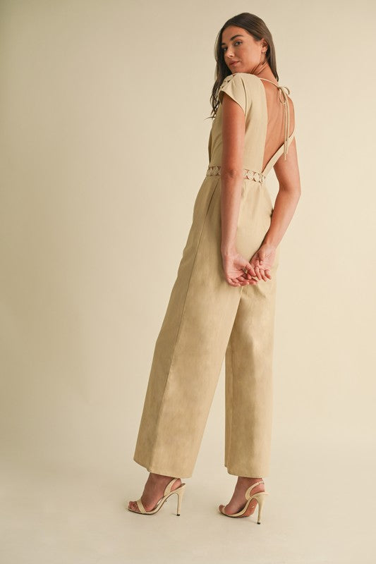 Short Sleeve Lace Crochet Linen Wide Leg Jumpsuit Beige