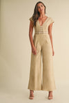 Short Sleeve Lace Crochet Linen Wide Leg Jumpsuit Beige