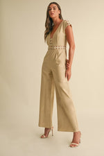 Short Sleeve Lace Crochet Linen Wide Leg Jumpsuit Beige