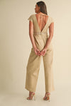 Short Sleeve Lace Crochet Linen Wide Leg Jumpsuit Beige