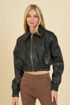 Long Sleeve Vegan Leather Cropped Bomber Jacket Black