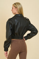 Long Sleeve Vegan Leather Cropped Bomber Jacket Black